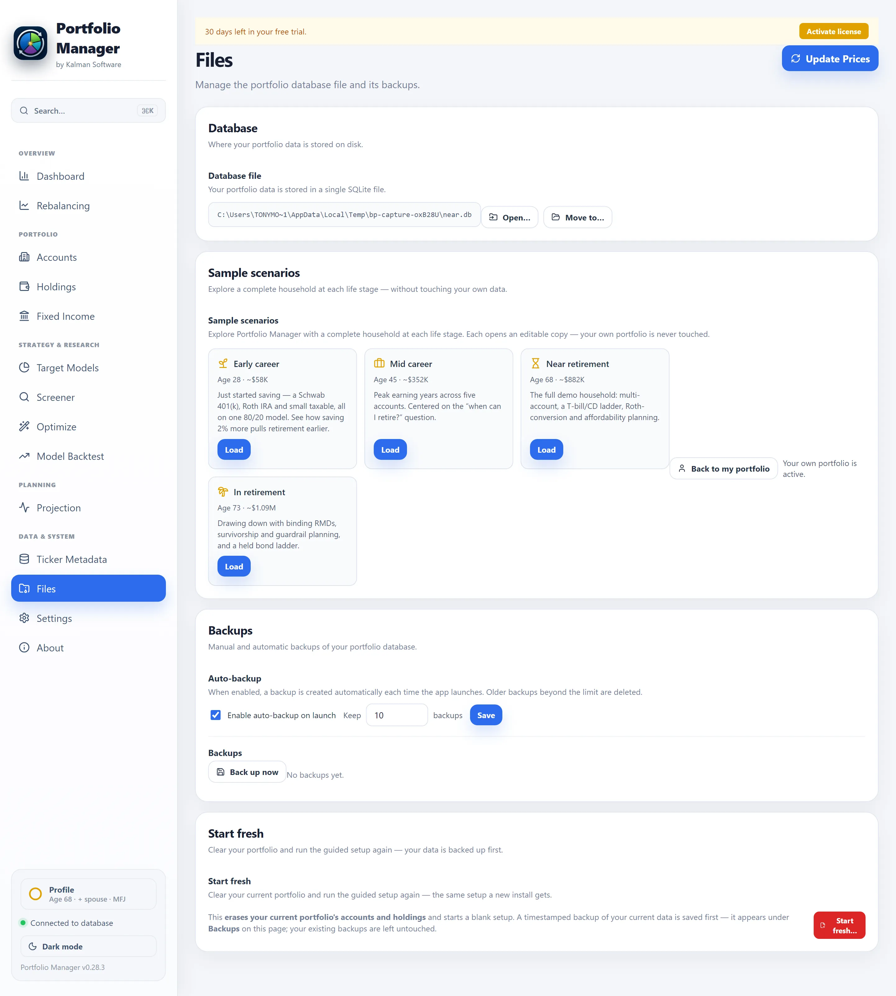 Files: the database location, automatic timestamped backups and the four life-stage sample picker