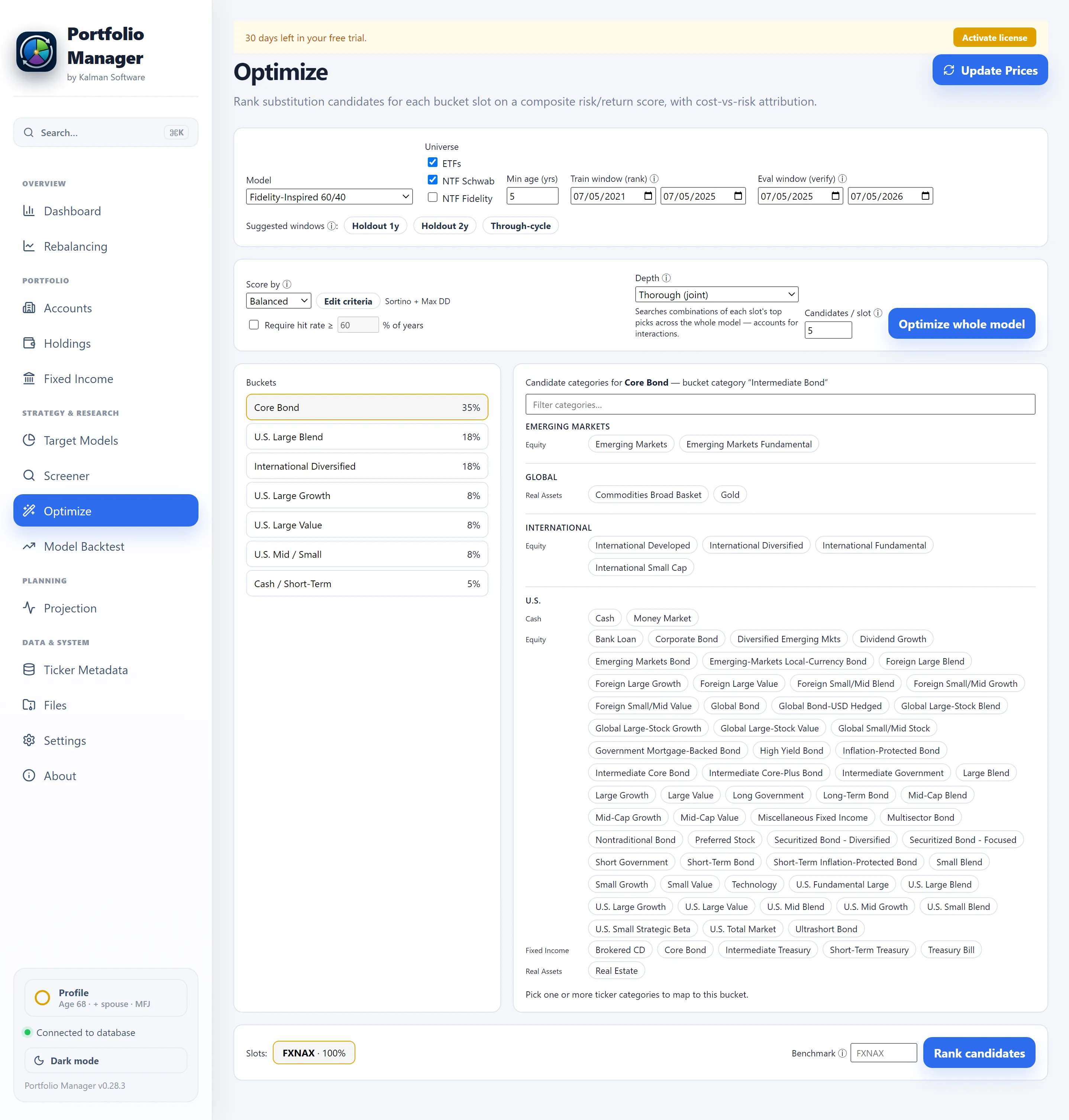 Optimize page: the bucket list with per-bucket candidate-category mapping, composite scoring and depth, and Optimize-whole-model and Rank-candidates actions