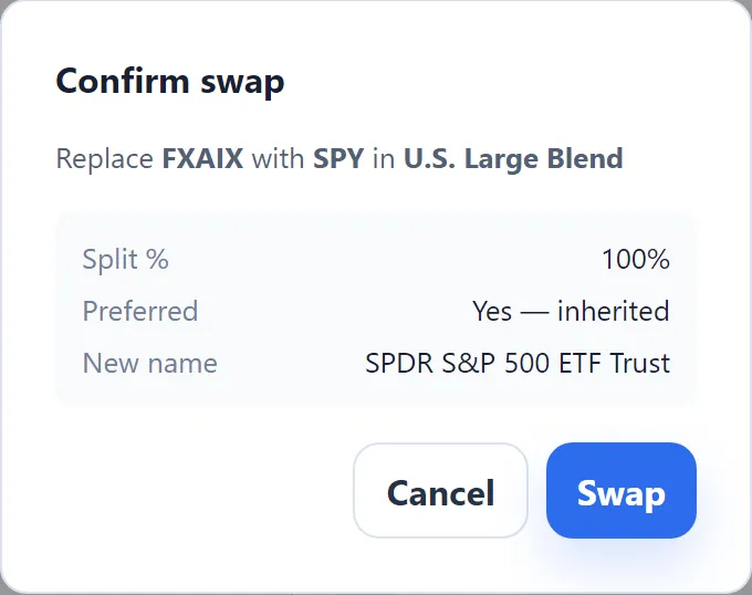 The Confirm swap dialog: swap a fund into the U.S. Large Blend sleeve, with Split percent, Preferred, New name, Cancel and Swap
